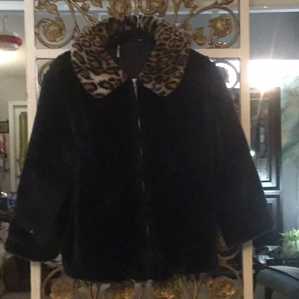 Navy Blue, Leopard, Faux Fur Bomber Jacket